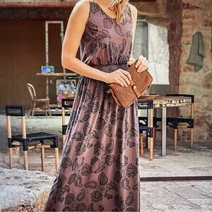 Garnet Hill Plum Navy Paisley Floral Knit Maxi Dress Small